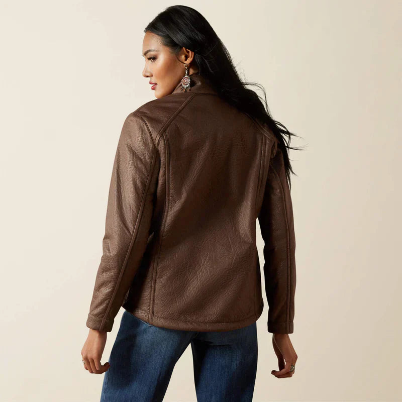Jaqueta feminina Ariat com logo em couro sintético marrom, modelo Softshell