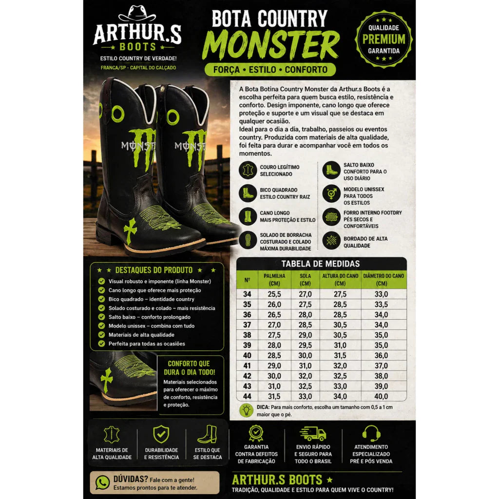 Bota Texana Monster Solado De Borracha Quadrada