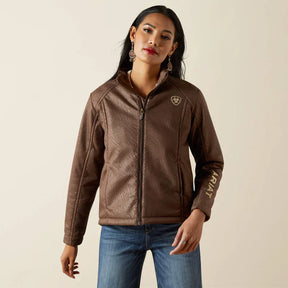 Jaqueta feminina Ariat com logo em couro sintético marrom, modelo Softshell
