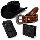 KIT COUNTRY RODEIO CHAPÉU MONTANA + CINTO + CAPA E CARTEIRA EM COURO